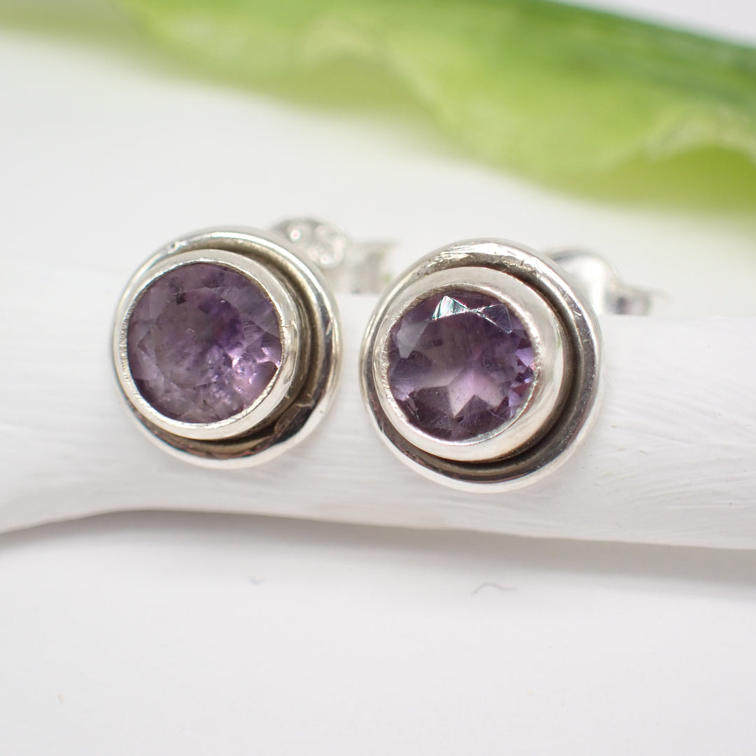 Sterling Silver Faceted Round Amethyst Studs