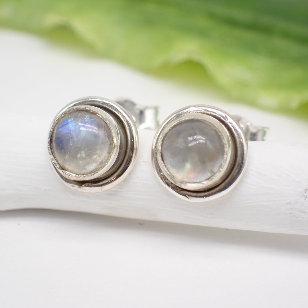 Sterling Silver Round Rainbow Moonstone Studs