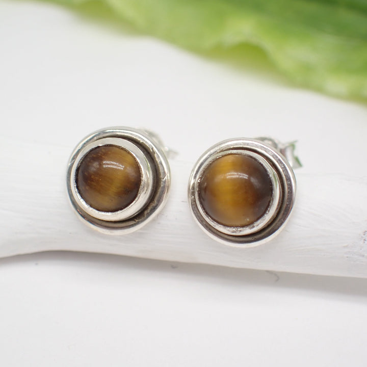 Sterling Silver Round Tigers Eye Studs
