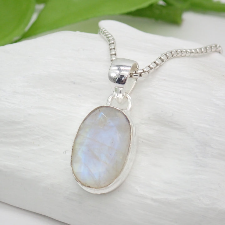 Rainbow Moonstone Faceted Sterling Silver Pendant
