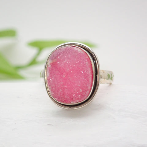 Pink Agate Druzy Sterling Silver Ring - Size 9