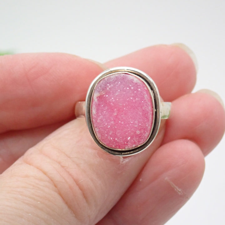 Pink Agate Druzy Sterling Silver Ring - Size 9