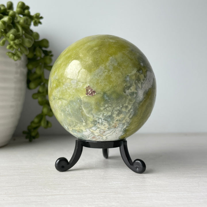 Lemon Lime Serpentine Sphere on Metal Stand