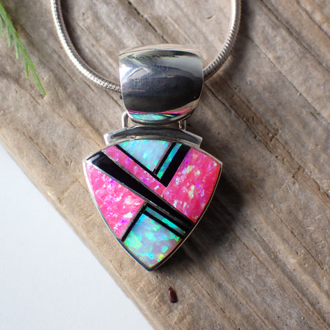 Pink & White Opal with Black Onyx Inlaid Sterling Silver Pendant by Albert Fransisco