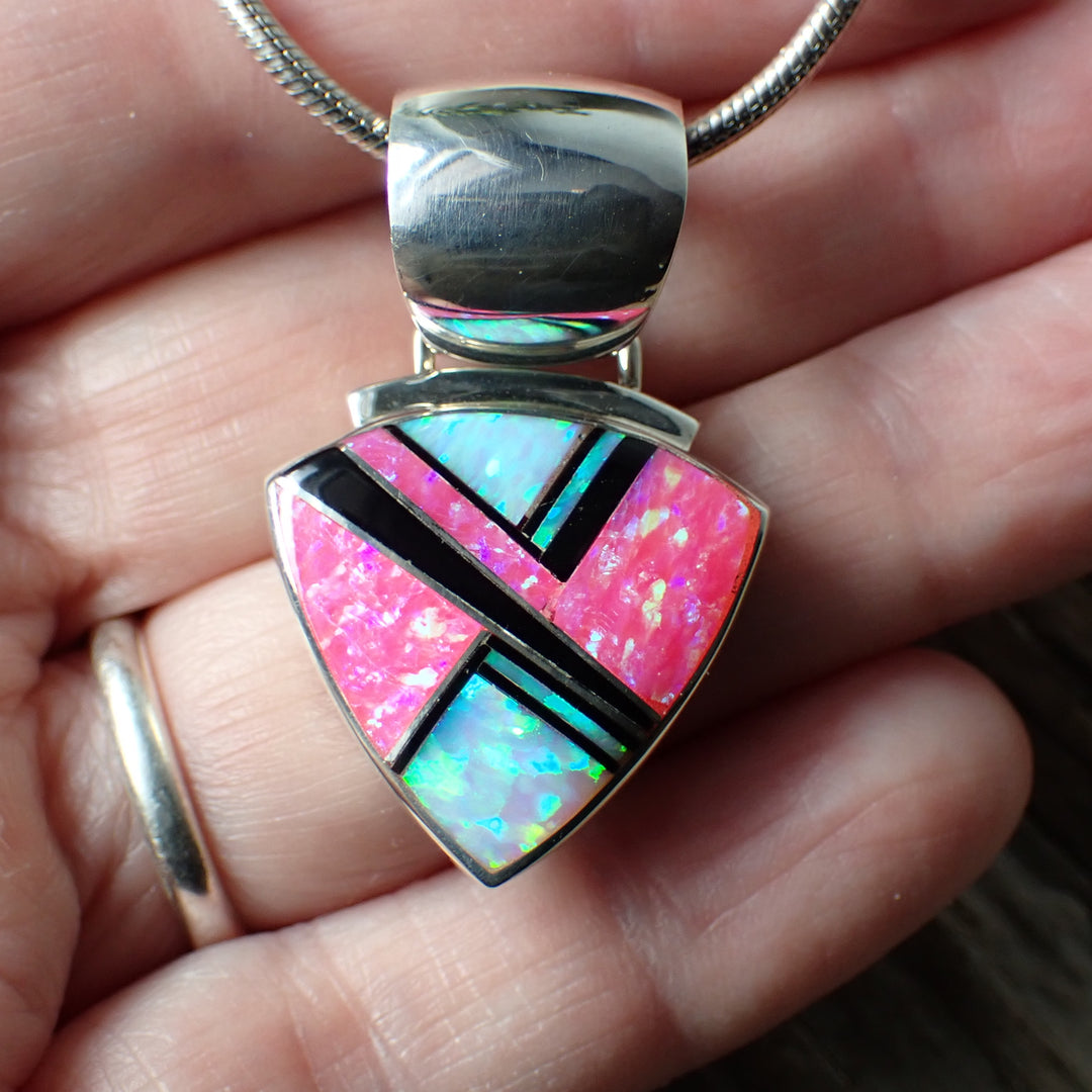 Pink & White Opal with Black Onyx Inlaid Sterling Silver Pendant by Albert Fransisco