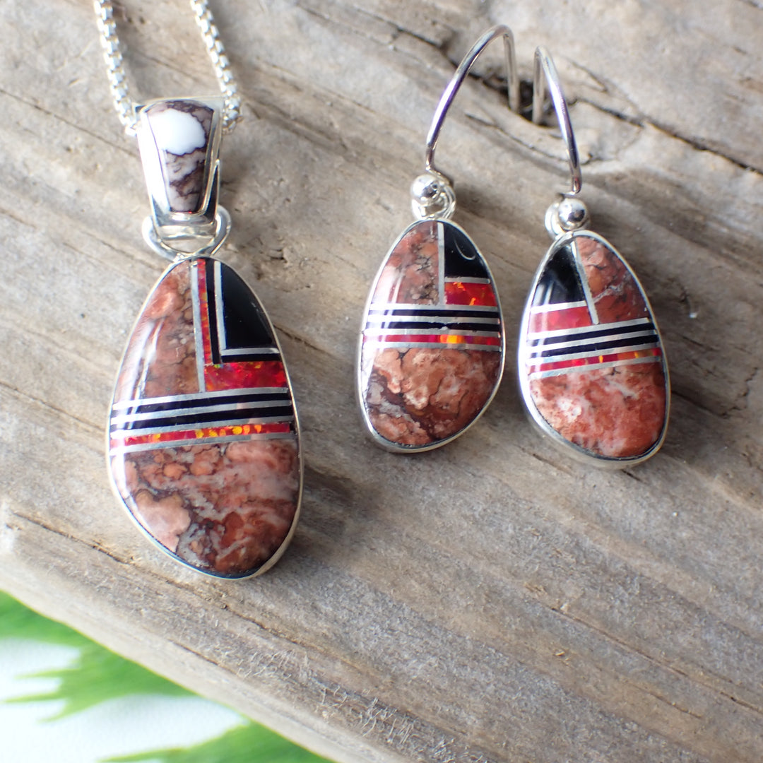 Wild Horse Magnesite, Red Opal & Jet Inlay Earrings & Necklace Set by Artist Sheryl Martinez