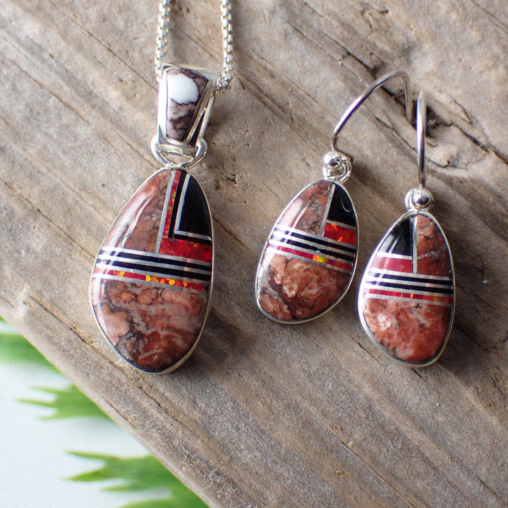 Wild Horse Magnesite, Red Opal & Jet Inlay Earrings & Necklace Set by Artist Sheryl Martinez