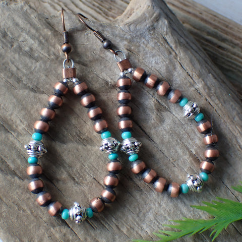 Copper & Sterling Silver Navajo Pearl Hoop Earrings with Turquoise by Native American Artist