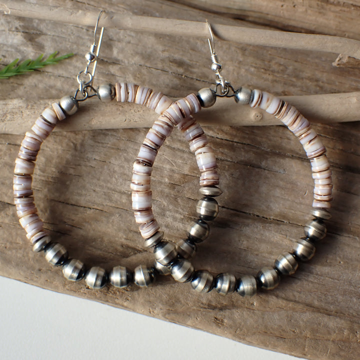 Sterling Silver Navajo Pearl Hoop Earrings with Shell Heishi Beads by Native American Artist