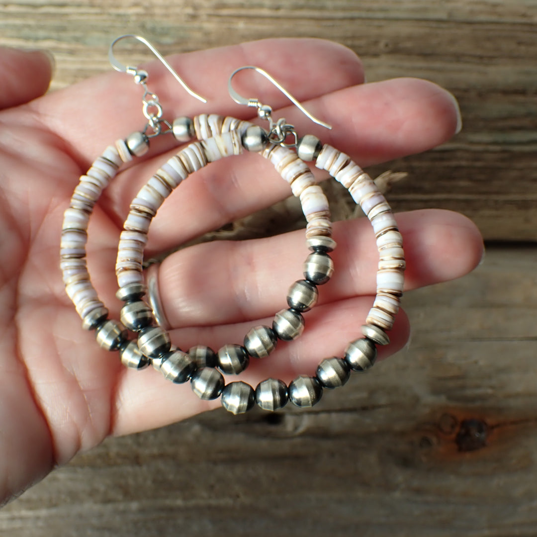 Sterling Silver Navajo Pearl Hoop Earrings with Shell Heishi Beads by Native American Artist