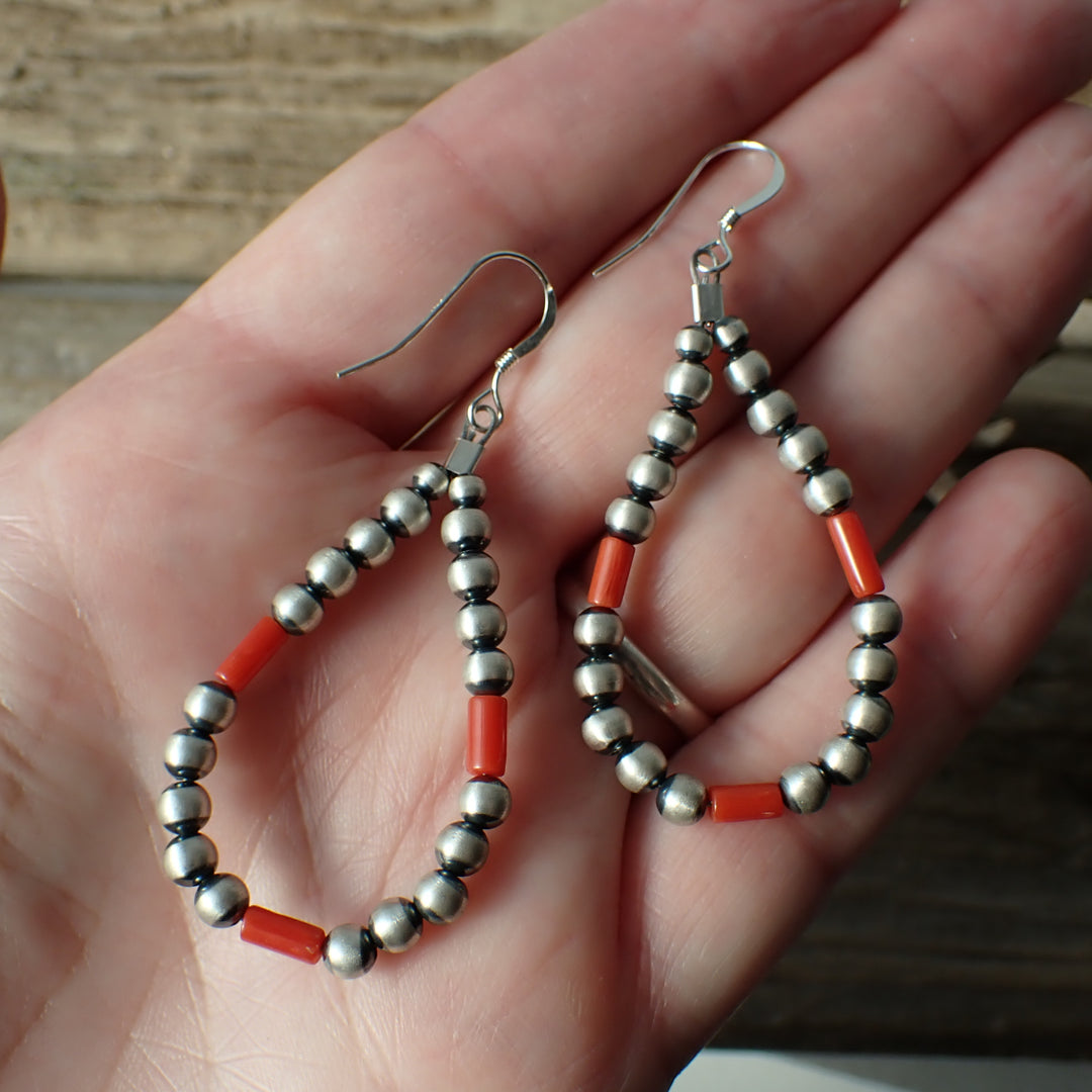 Sterling Silver Navajo Pearl and Red Coral Hoop Earrings by Native American Artist