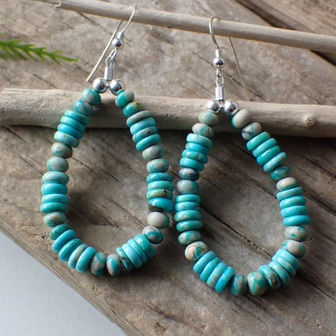 Sterling Silver Hoop Earrings with Turquoise Beads by Native American Artist