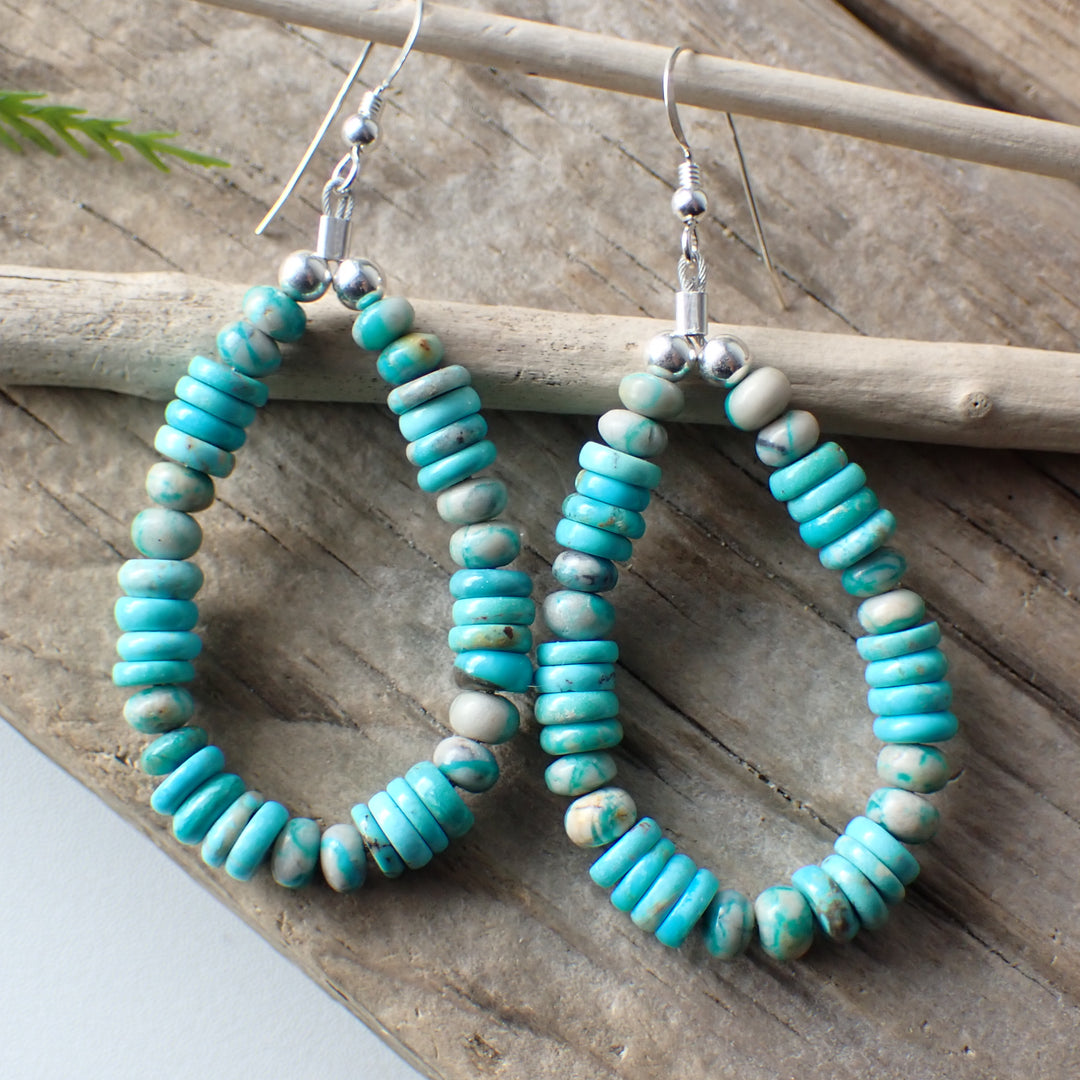 Sterling Silver Hoop Earrings with Turquoise Beads by Native American Artist