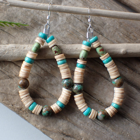Sterling Silver Hoop Earrings with Turquoise & Shell Heishi Beads by Native American Artist