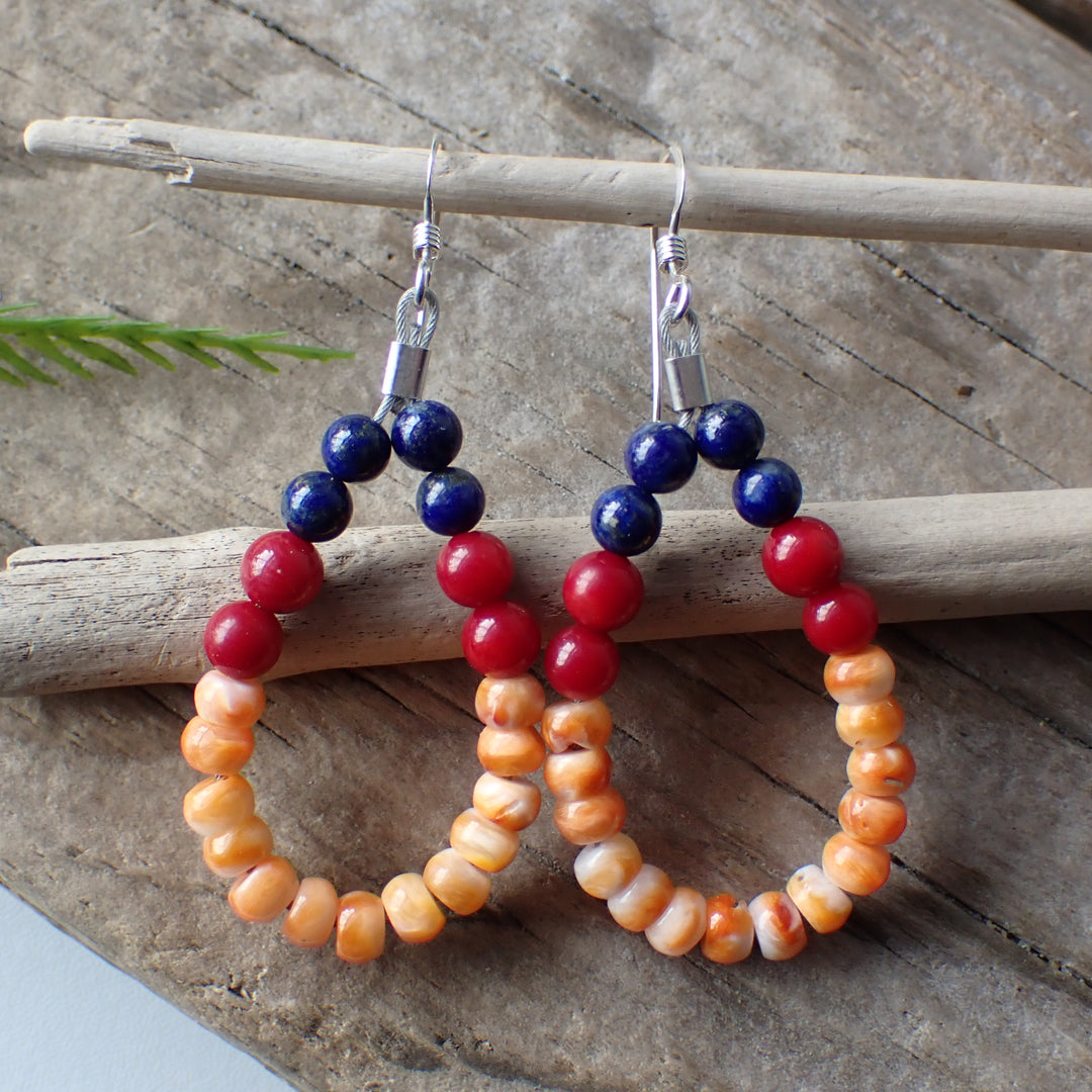 Sterling Silver Spiny Oyster, Red Jasper & Lapis Lazuli Beaded Earrings by Native American Artist