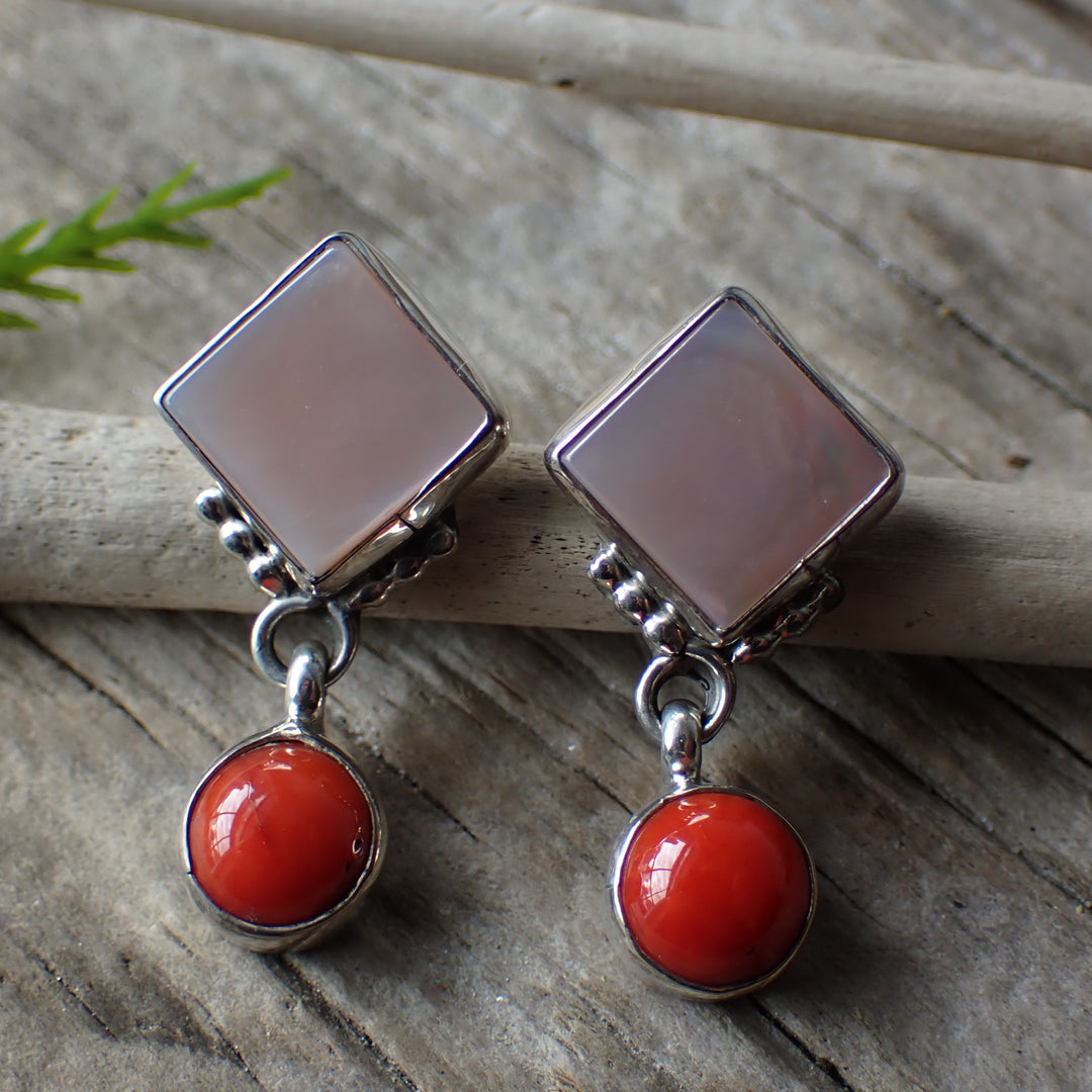 Pink Mother of Pearl and Red Coral Sterling Silver Studs by Jeff Largo