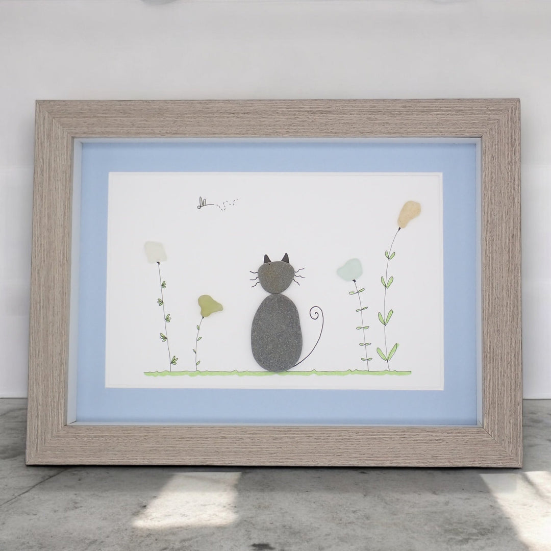 Pebble Cat in a Sea Glass Garden Picture