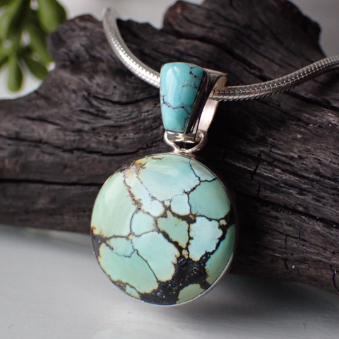 Hubei Turquoise Sterling Silver Pendant by Native American Artist Sheryl Martinez