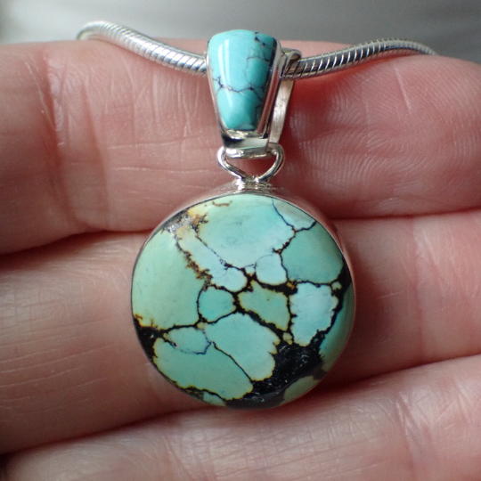 Hubei Turquoise Sterling Silver Pendant by Native American Artist Sheryl Martinez