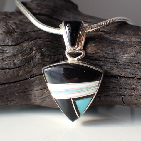 Onyx, Turquoise, Howlite & White Opal Sterling Silver Pendant by Native American Artist Sheryl Martinez