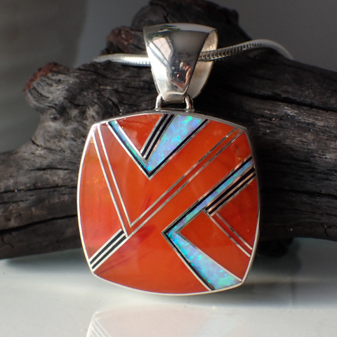 Carnelian & Blue Opal Inlaid Large Sterling Silver Pendant by Native American Artist Kenneth Bitsie