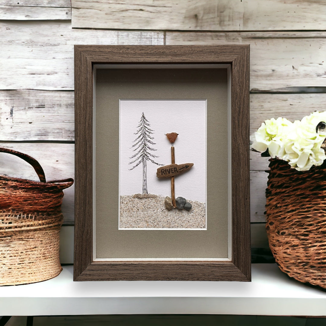 Sea Glass Bird on a River Sign Picture Pebble Driftwood Art