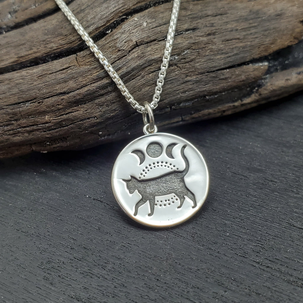 sterling silver cat moon phase charm necklace