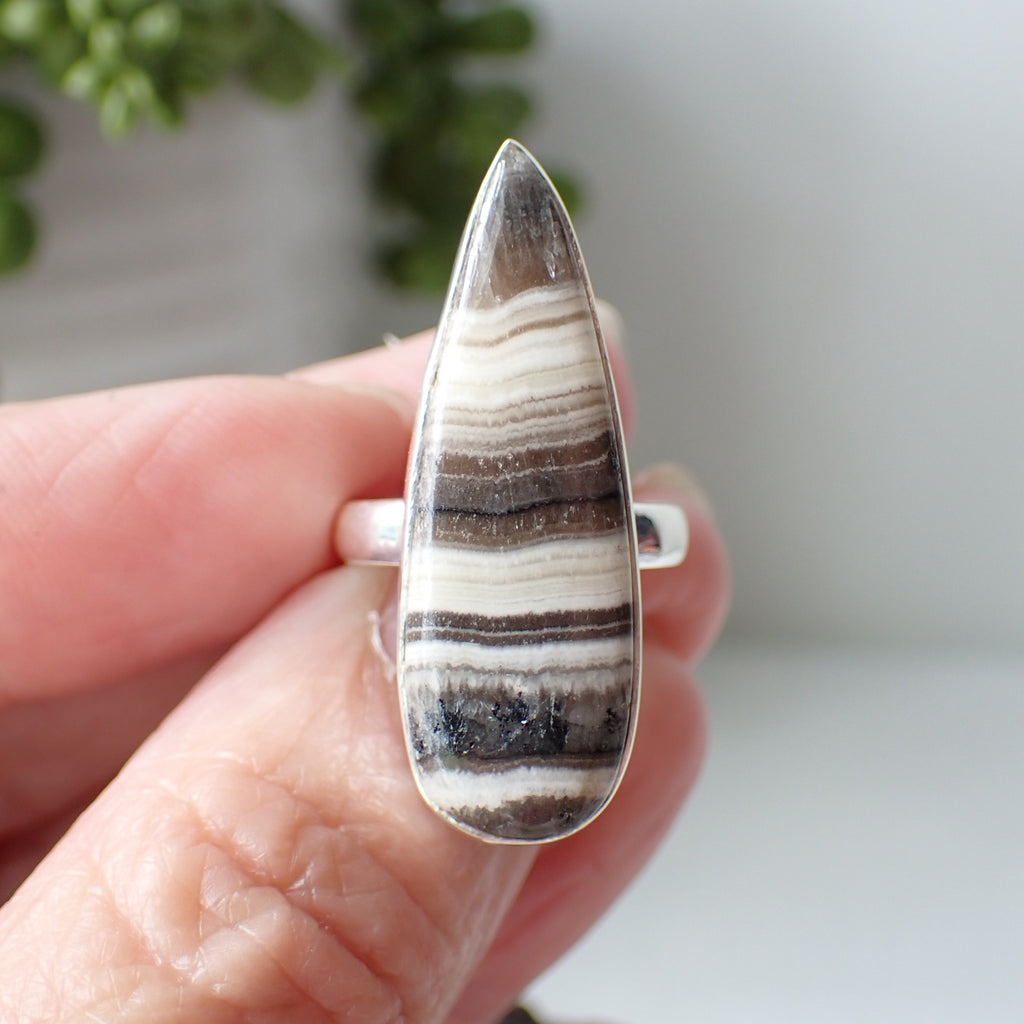 sterling silver zebra calcite stone crystal ring  