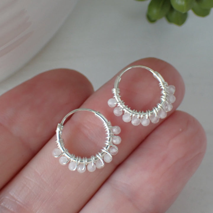 sterling silver rose quartz hoop earrings