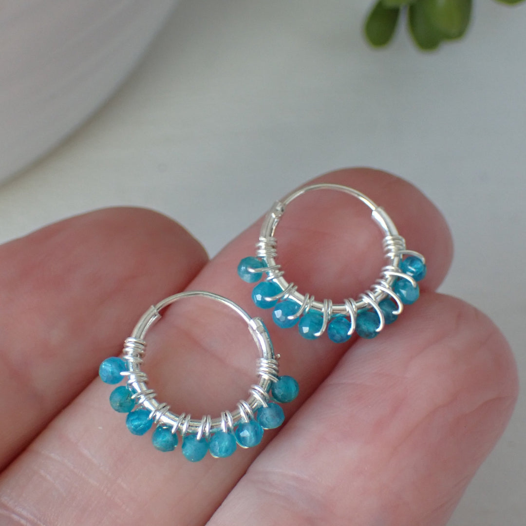 sterling silver blue appatite stone hoop earrings