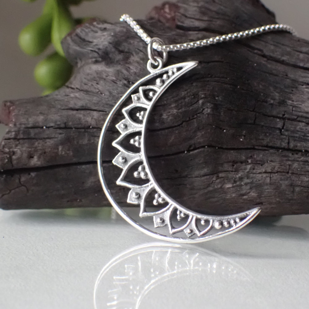 Sterling Silver Mandala Crescent Moon Necklace made from Recycled Silver