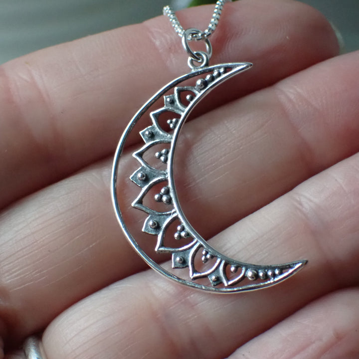 Sterling Silver Mandala Crescent Moon Necklace made from Recycled Silver