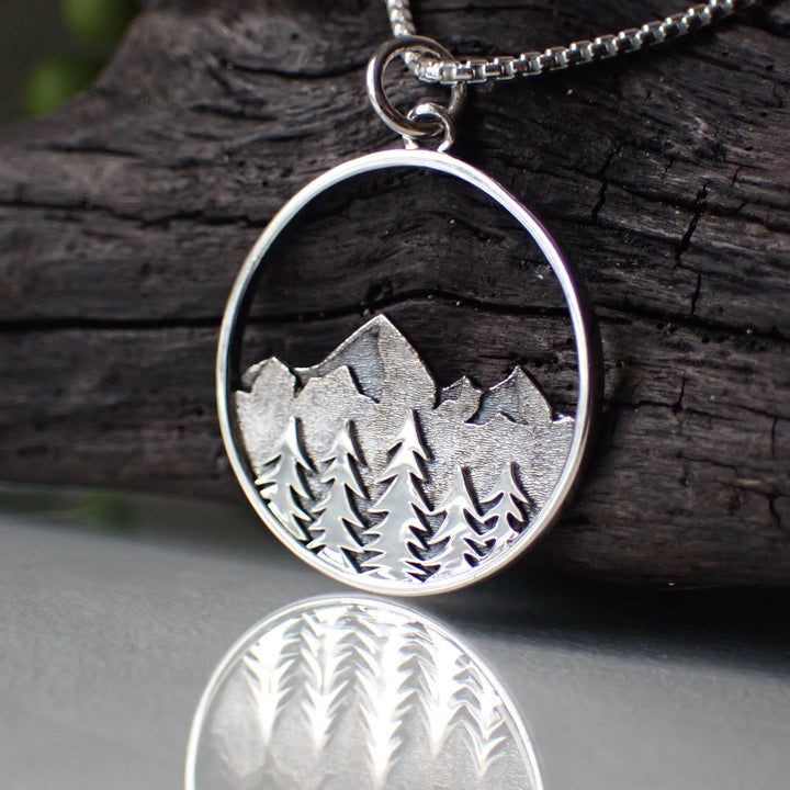 ♻️Recycled Sterling Silver Mountain Range & Forest Landscape Necklace