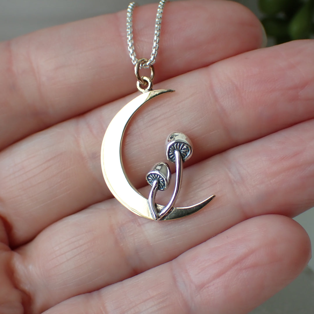 sterling silver two tone mushroom pendant with moon
