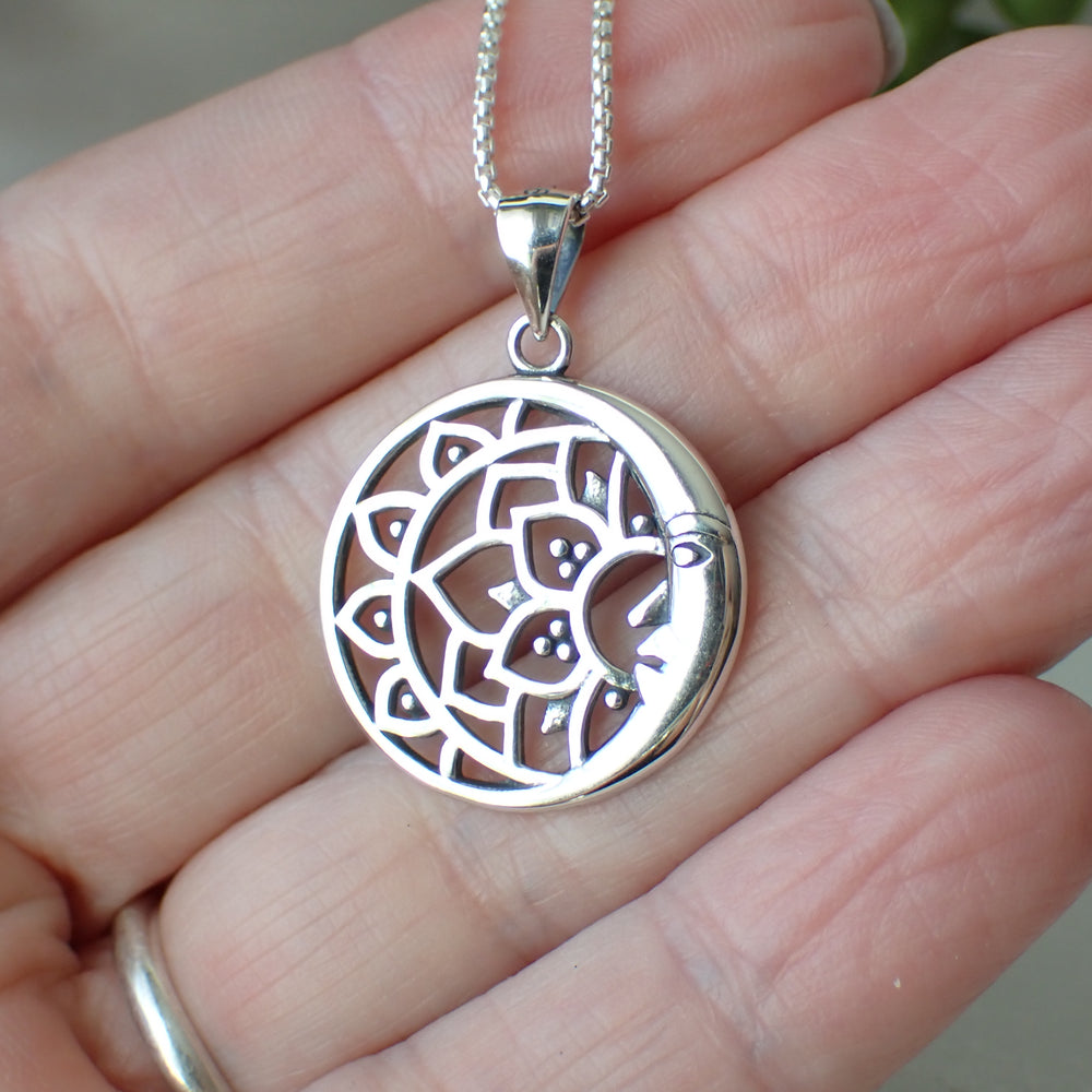 sterling silver mandala lotus moon charm necklace