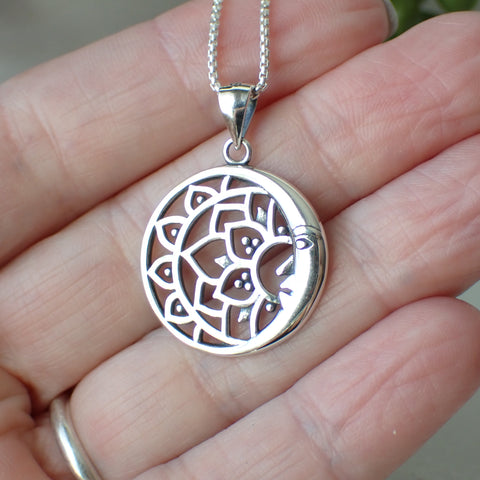sterling silver mandala lotus moon charm necklace