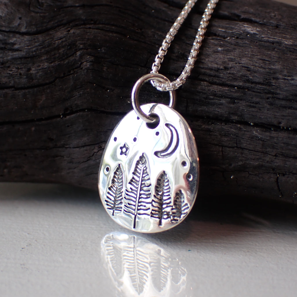 sterling silver pine tree with moon charm