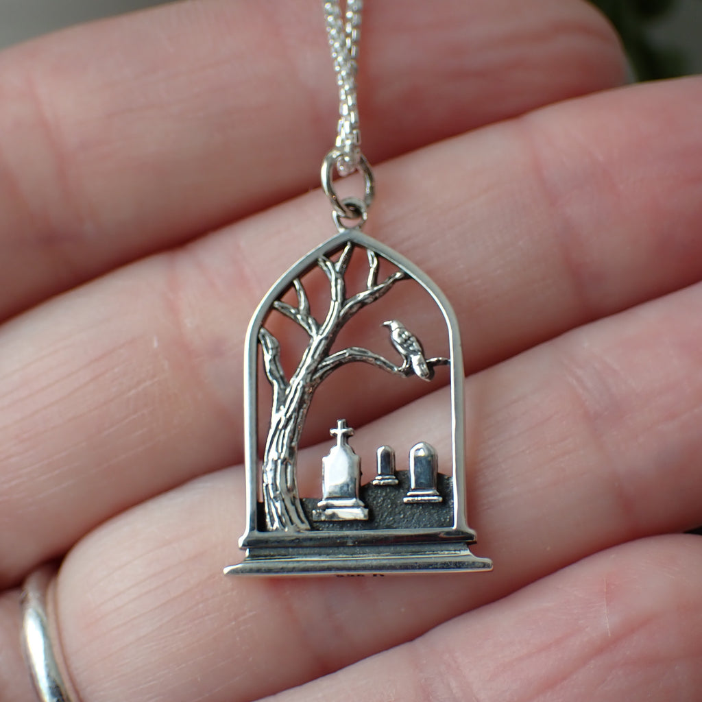 sterling silver cemetery with a raven necklace Halloween