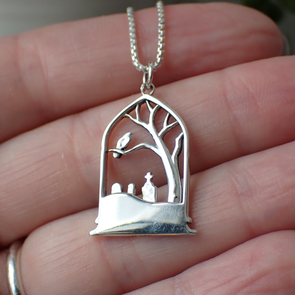 sterling silver cemetery with a raven necklace Halloween