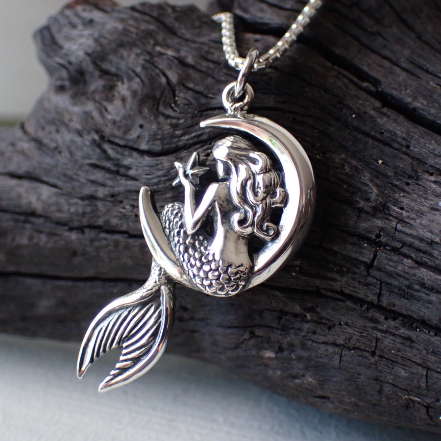 sterling silver mermaid on moon necklace charm