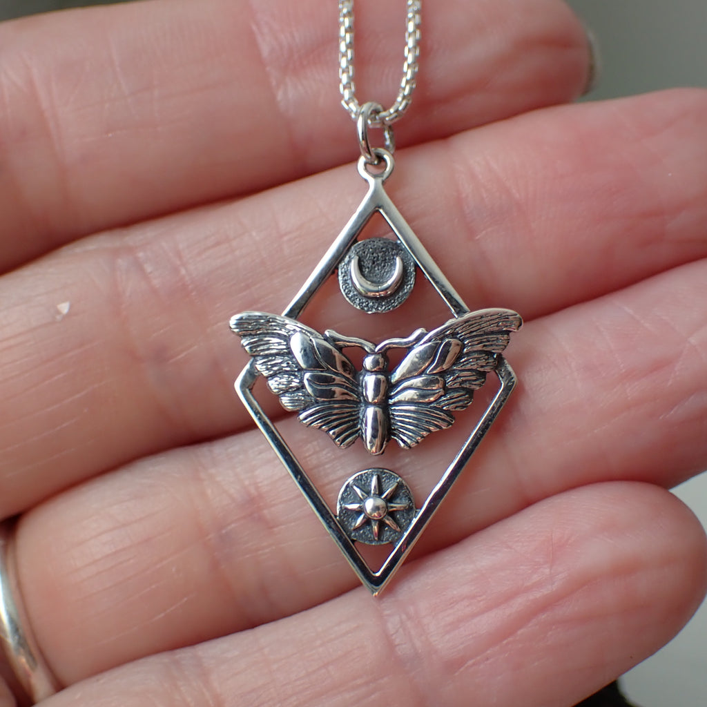 sterling silver celestial moth charm necklace