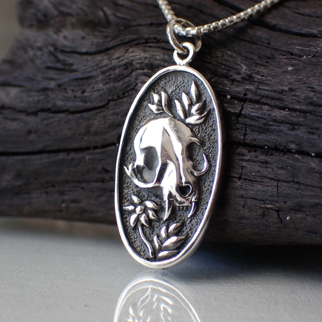 sterling silver cat skull charm necklace