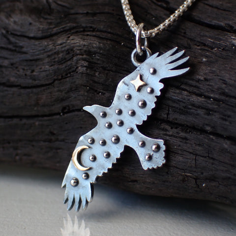 sterling silver mixed metal raven celestial pendant necklace