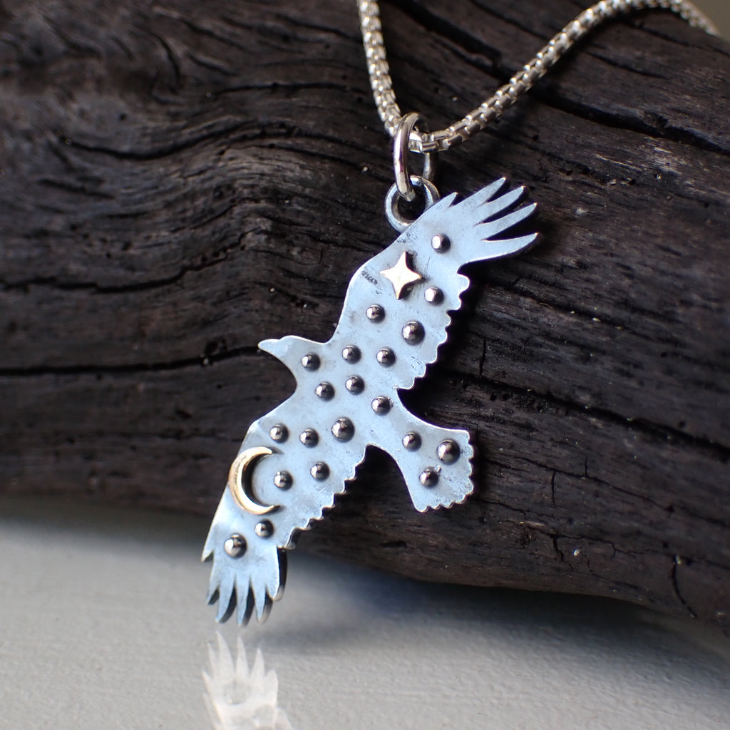 sterling silver mixed metal raven celestial pendant necklace