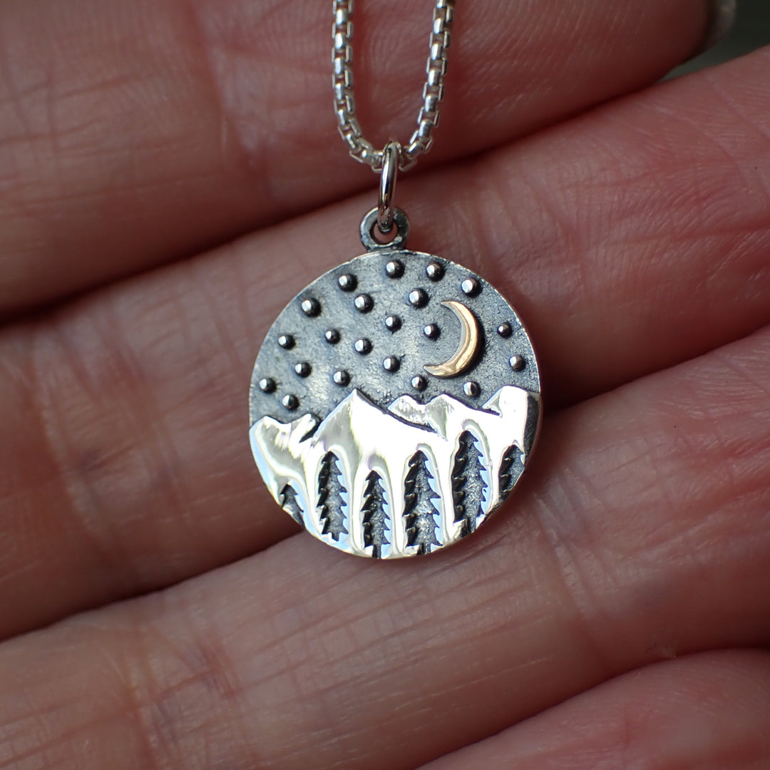 sterling silver mixed metal moon over mountains charm necklace