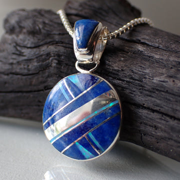 Navajo Inlay Sterling Silver Lapis, Blue Opal and Silver Inlaid Pendant By Sheryl Martinez