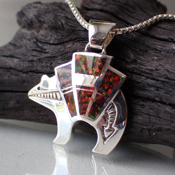 Navajo Inlay Bear Sterling Silver Red Opal and Silver Inlaid Pendant By Navajo Artist