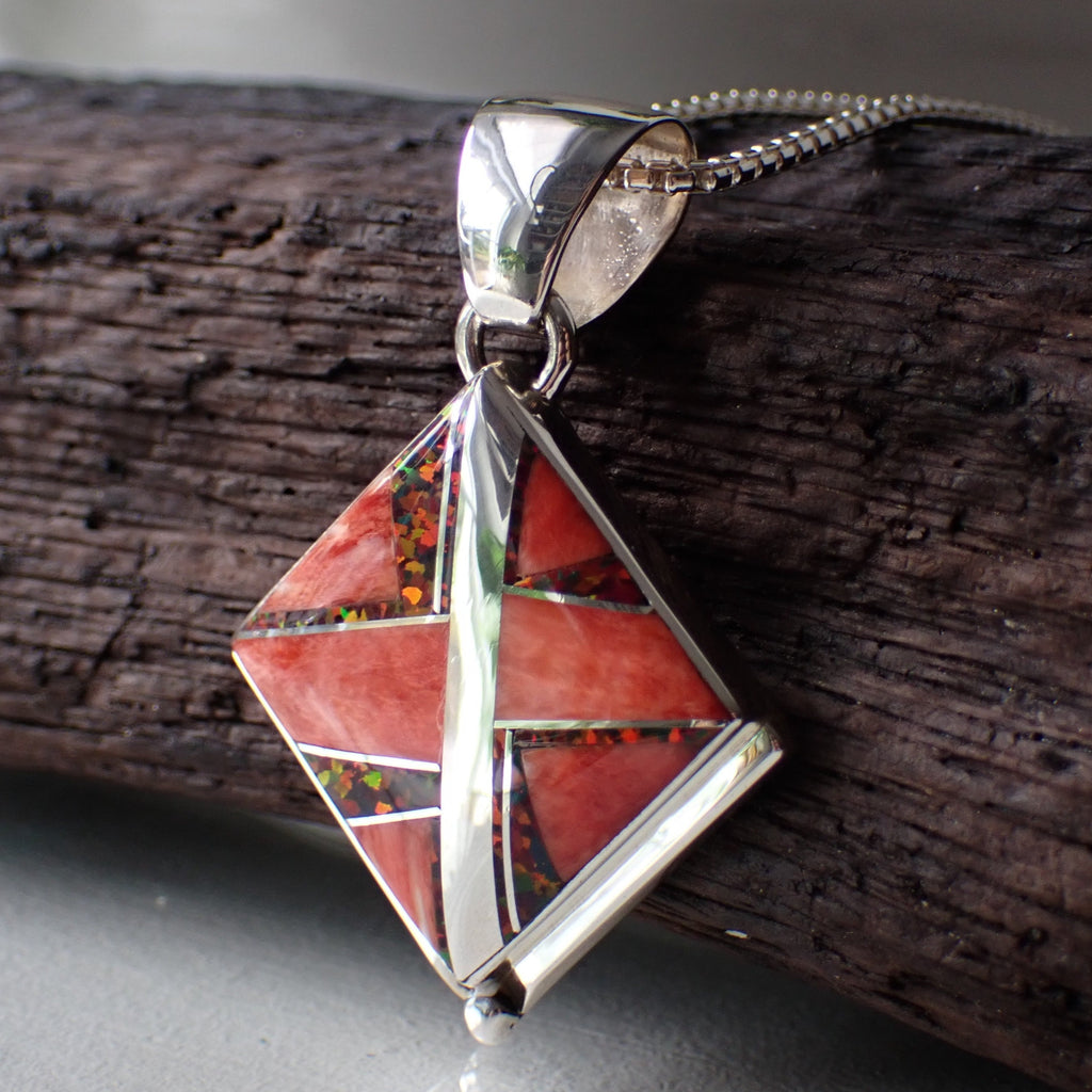 Navajo Inlay Sterling Silver Spiny Oyster, Red Opal and Silver Inlaid Pendant By Kenneth Bitsie