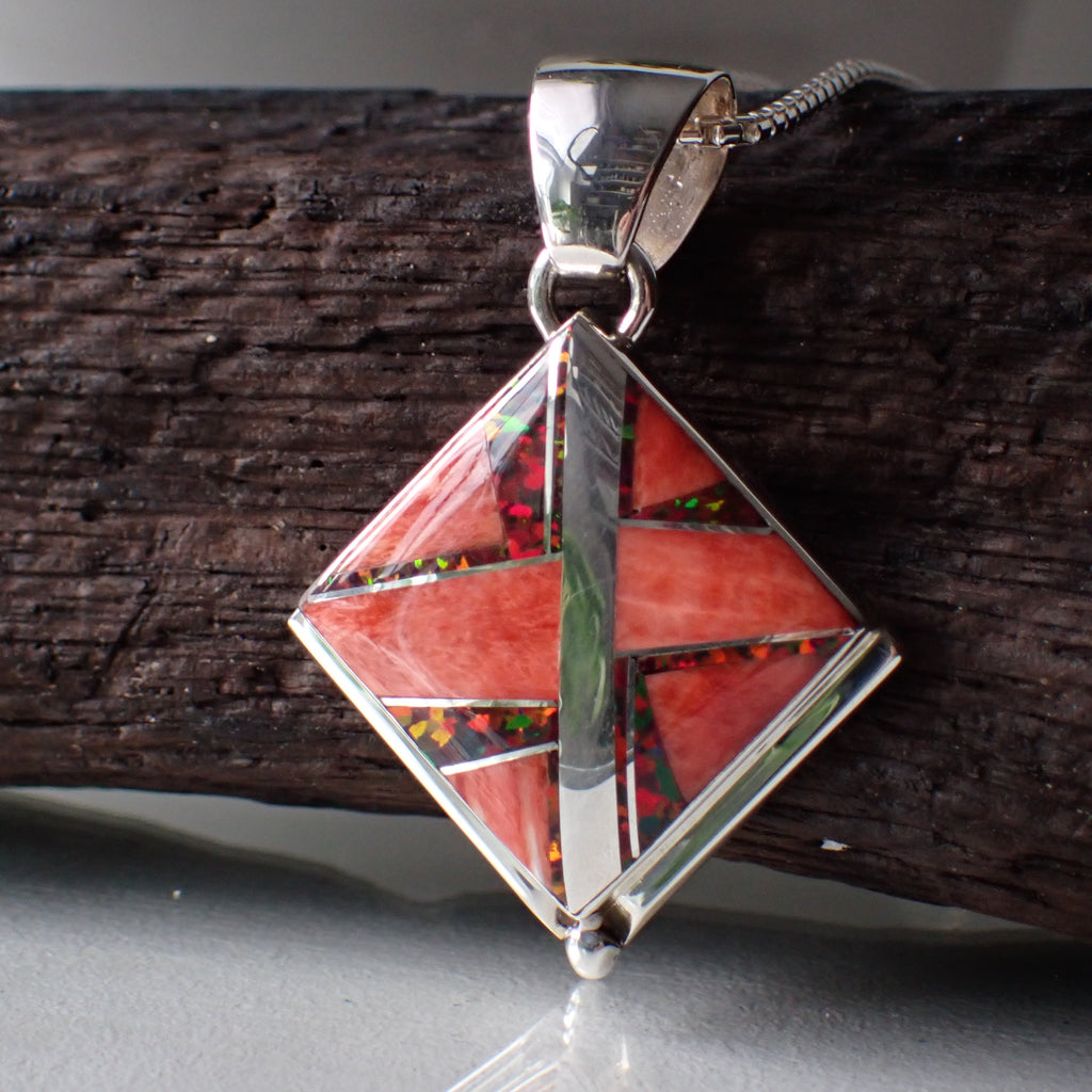 Navajo Inlay Sterling Silver Spiny Oyster, Red Opal and Silver Inlaid Pendant By Kenneth Bitsie