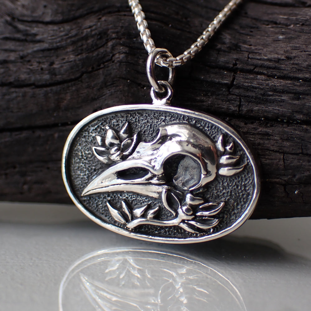 sterling silver raven skull floral pendant charm necklace